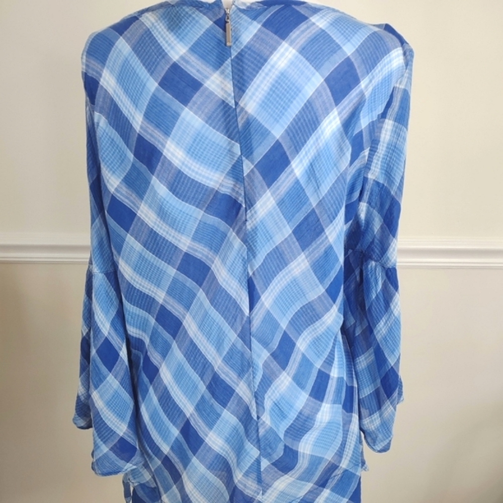 Lauren Ralph Lauren 100% Cotton Bell Sleeved Light Blue Plaid Blouse Size M - Picture 3 of 10